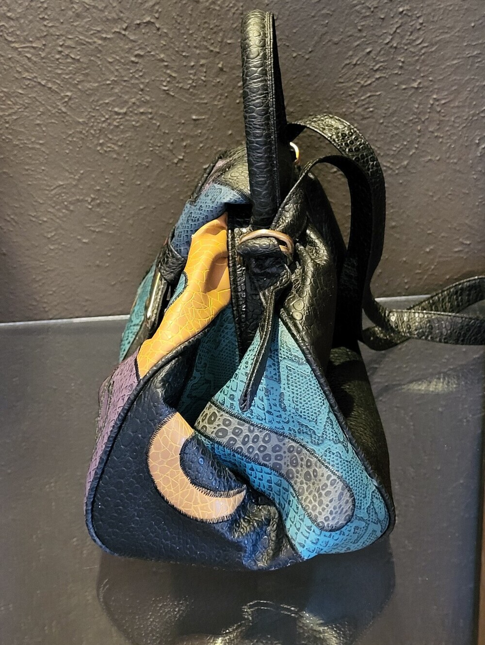 NAS Bag Faux Lizard Patchwork Vtg 80s Made In Korea Top Handle/Shoulder Strap - Picture 2 of 14
